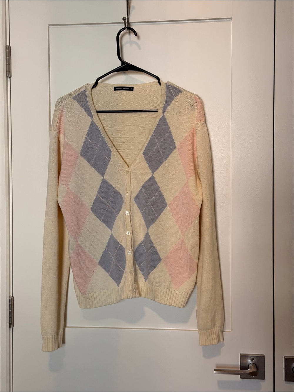 Brandy Melville Cream Argyle V-Neck Cardigan with Pastel Pink & Light Blue